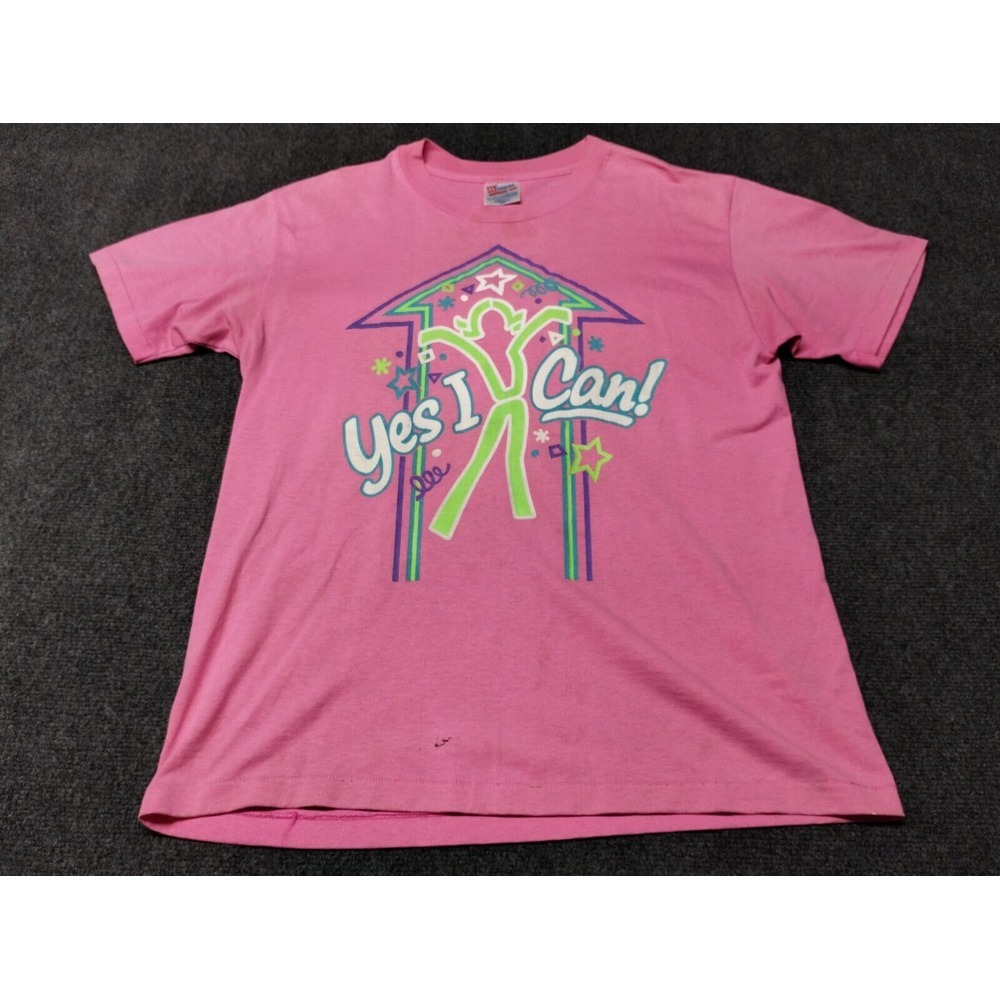 Vintage Hanes Heavyweight 50/50 T Shirt Women Large Pink Yes I Can Single Stitch